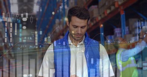 Supervisor Analyzing Data in Warehouse with Data Overlay - Download Free Stock Images Pikwizard.com