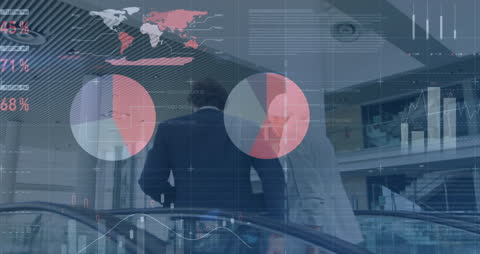 Business Colleagues Discussing Financial Data on Escalator with Graph Overlays