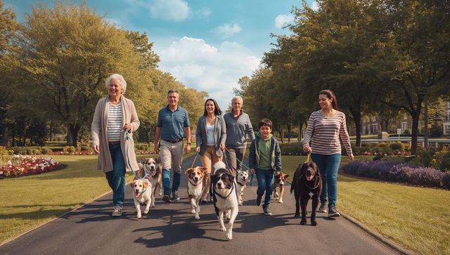 Multigenerational group walking dogs along tree-lined urban park pathway, smiling family walkers