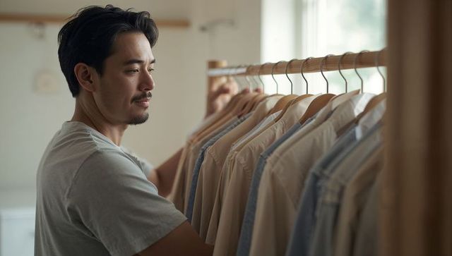 Asian man selecting neutral shirts from minimal wooden wardrobe rack in soft daylight