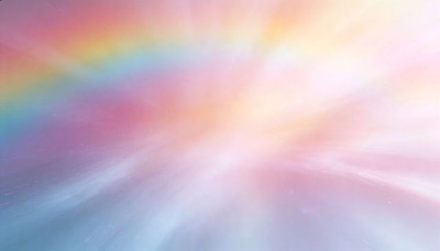 Pastel rainbow arc radiating soft light across dreamy abstract sky with hazy glow
