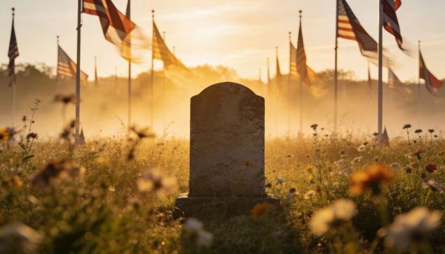 Honoring quiet sacrifice: sunlit headstone among wildflowers and flags at dawn