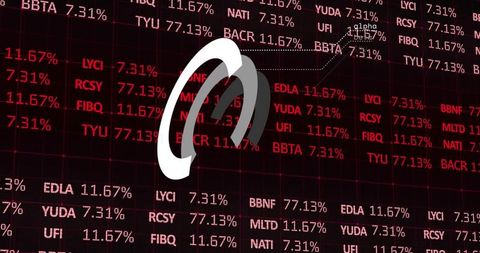 White and gray curved logo displaying over red market ticker dashboard with financial data