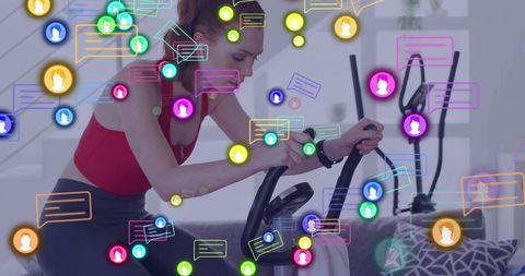Woman on Exercise Bike Surrounded by Digital Communication Bubbles