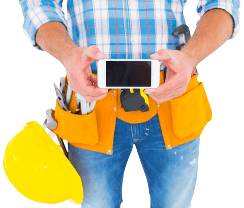 Transparent builder displaying blank screen phone with yellow tools belt
