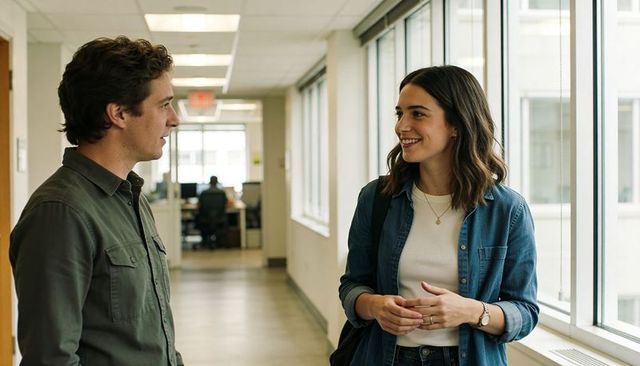 Young professionals talking in bright office corridor with natural light and casual dress