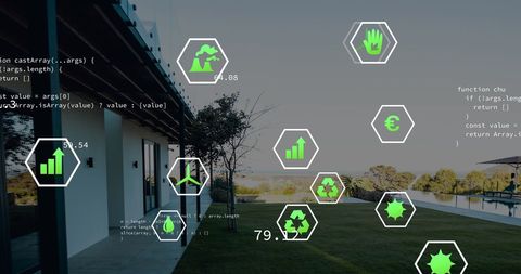 Eco icons and codes overlaid on modern home and green yard