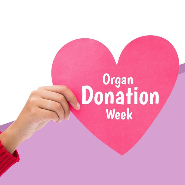 Hand holding heart shape with Organ Donation Week text on vibrant pink background. Useful for promoting organ donation awareness campaigns, fundraising events, or charity initiatives. Suitable for social media posts, banners, flyers, and website graphics emphasizing the importance of organ donation and support.
