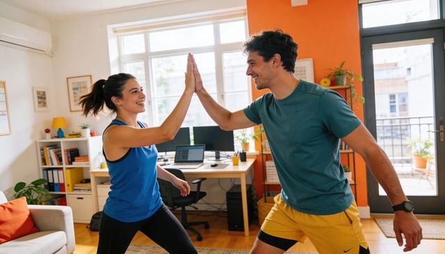 High-fiving couple doing home workout in bright living room workspace
