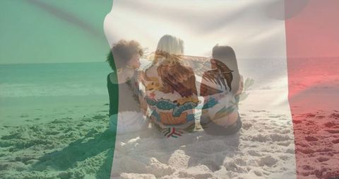 Three Women Relaxing on Beach with Mexican Flag Overlay