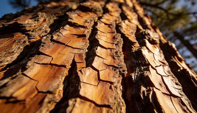 Sunlit pine bark macro showing scaly plates, deep furrows and golden woodgrain texture