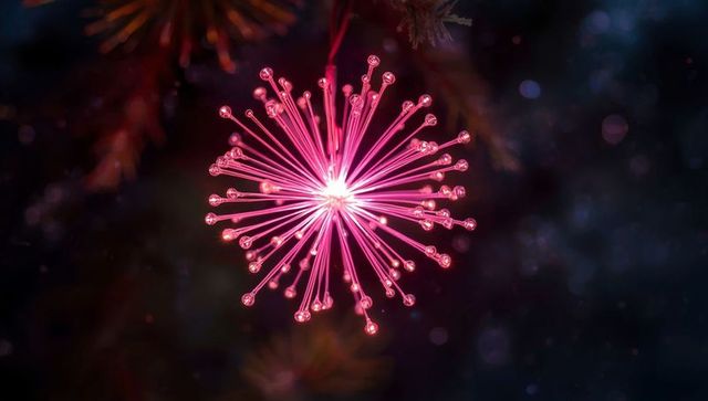 Glowing pink fiber optic ornament on pine branch indoors