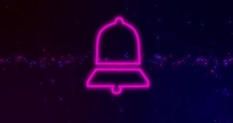 Glowing magenta neon bell icon floating over cosmic nebula band for digital ui & branding