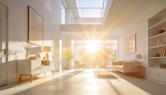 Sunlit modern living room with double-height ceiling, floor-to-ceiling glass and minimalist sofa