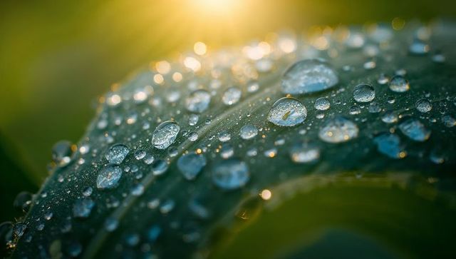 Morning dew on curved green leaf with sparkling water droplets and warm sunlight bokeh