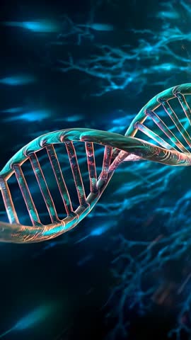 Glowing DNA Helix Rotating Through Blue Filaments Vertical Biotech Animation for Tech