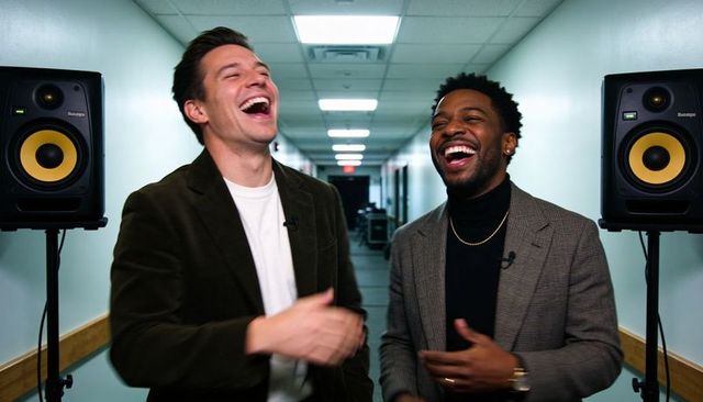 Two laughing hosts bantering backstage in studio corridor with speakers and lavalier mics