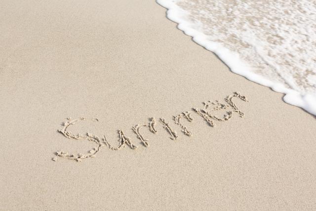 Summer Written in Sand on Beach with Ocean Waves - Download Free Stock Photos Pikwizard.com