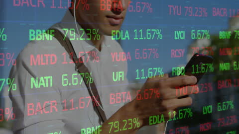 Businessman Using Smartphone with Virtual Financial Data