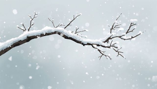 Resting snow-covered branch with falling snowflakes evoking minimal winter calm