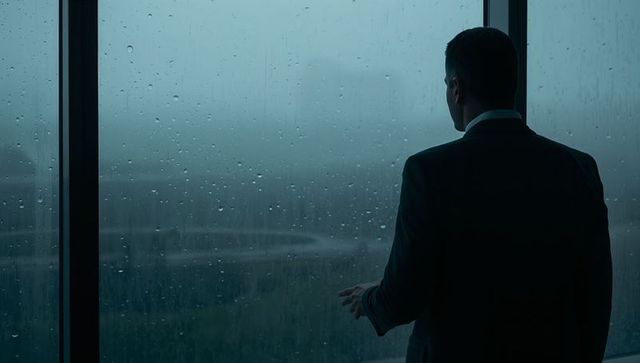 Businessman gazing through rain-streaked highrise window, contemplative corporate silhouette
