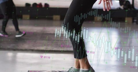 Stepping woman in black leggings and teal sneakers with digital financial data overlay