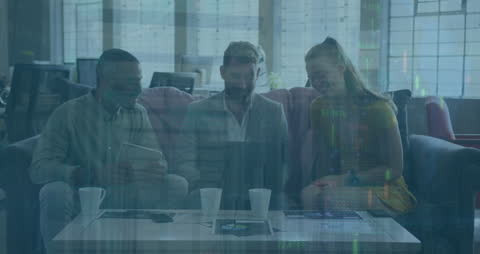 Diverse Team Analyzing Business Growth with Technology Overlay