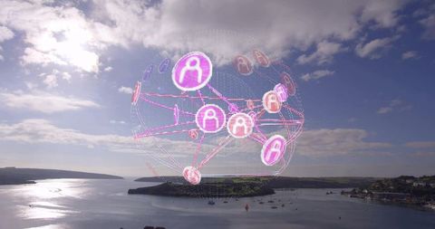 Network Connectivity Globe Over Scenic Coastal Bay Illustrating Digital Communication