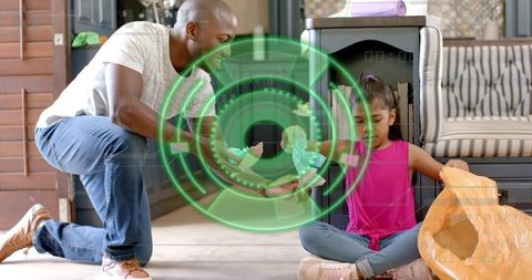 Caregiver teaching child recycling and sorting with augmented reality hud overlay at home