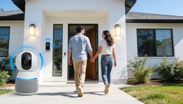 Young couple walking home holding hands with smart doorbell and connected dome camera