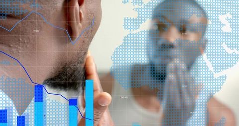 Man examining reflection and touching chin with digital analytics overlay and world grid