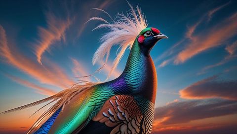 Vibrant colorful pheasant animal with plumage details at dramatic sunset