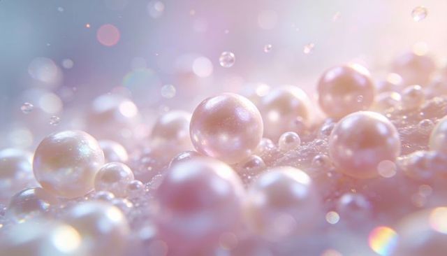 Pearlescent spheres scattering on glittering pastel surface with iridescent bokeh macro