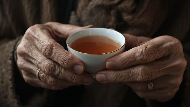 Senior hands holding porcelain teacup with rising steam, cozy warm tea closeup