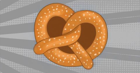 Golden-brown soft pretzel with sesame seeds on grey background