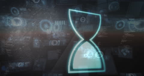Futuristic Hourglass Icon with Digital Interfaces