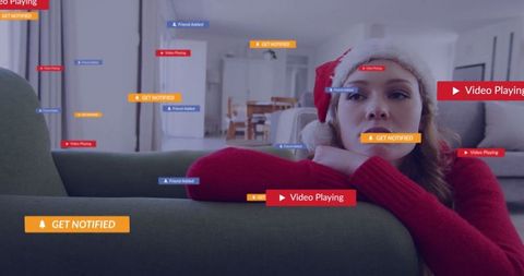 Festive Woman with Santa Hat Overwhelmed by Digital Notifications