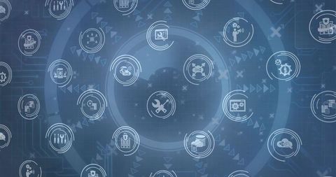 Displaying futuristic circular hud with wrench tool and system icon badges on blue digital grid