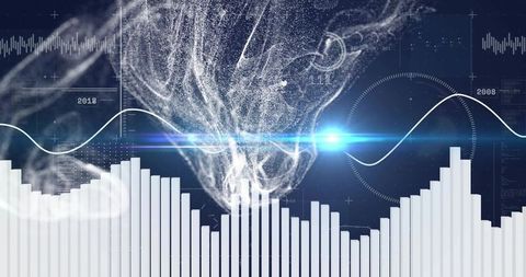 Swirling Particle Data Stream Over Bar Chart Visualization with Blue Lens Flare and Grid