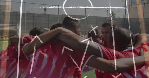 Soccer team huddle with tactical strategy overlay