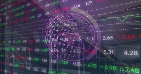 Binary data globe overlays stock tickers and corporate architecture