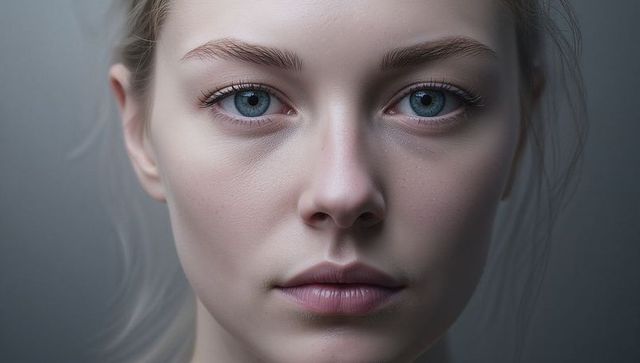 Close-up dewy portrait of young woman with blue-green eyes and natural skin texture