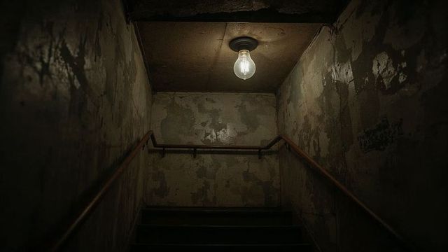 Dimly lit basement stairs with rustic ambiance