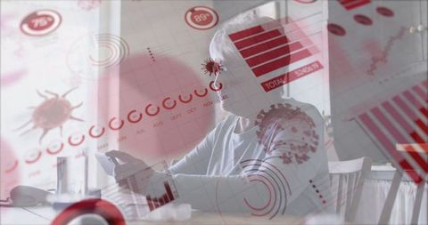 Elderly Woman Using Smartphone with Overlay of Pandemic Data