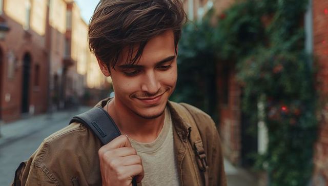 Young man walking with backpack along brick street smiling candid lifestyle urban portrait