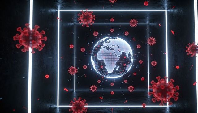Rotating holographic earth surrounded by red virus particles in neon cube tunnel