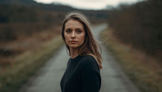 Contemplative woman standing on narrow country road wearing dark knit sweater
