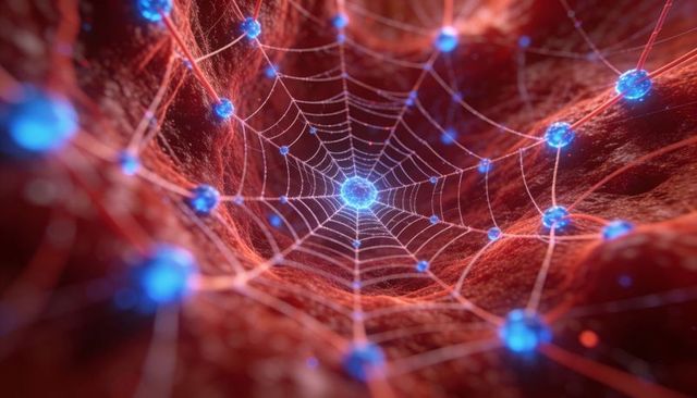 Radiating neural web converging on glowing blue hub within red filament tunnel futuristic