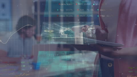 Innovative Businesswoman Analyzing Financial Data on Tablet