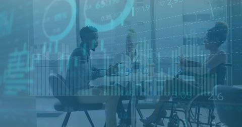 Diverse team collaborating in technology-driven business meeting